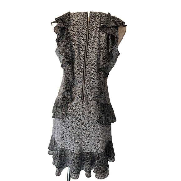 Michael Kors Dress Black White L Large Fluttery Floral Print V Neck Ruffle - Picture 5 of 10